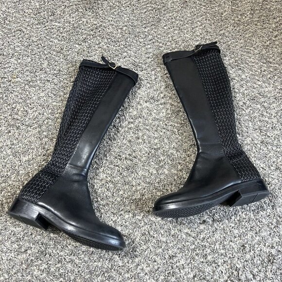Cole Haan Grand OS Tall Riding Boots Lexi Black Leather/Stretch Woven 5 B Zip - Picture 1 of 10